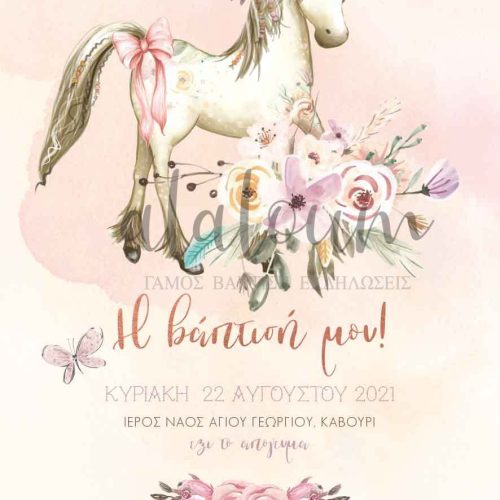 Προσκλητήριο βάπτισης αλογάκι με λουλούδια