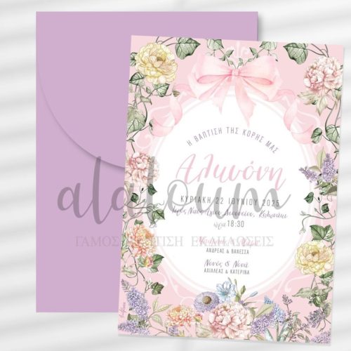 Προσκλητήριο βάπτισης με λουλούδια σε λιλά απόχρωση