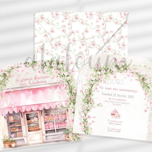 Προσκλητήριο βάπτισης λουλούδια και ζαχαρωτά