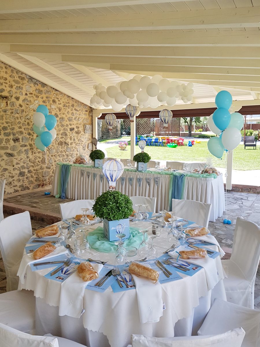 Παραμυθένιος στολισμός βάπτισης με θέμα το αερόστατο στο νερόμυλο Σπάρτης , Διακόσμηση χώρου και εκκλησίας με υπέροχα μπαλόνια candy bar με ζαχαρωτά οικονομικά ολοκληρωμένα πακέτα alaloum.com.gr
