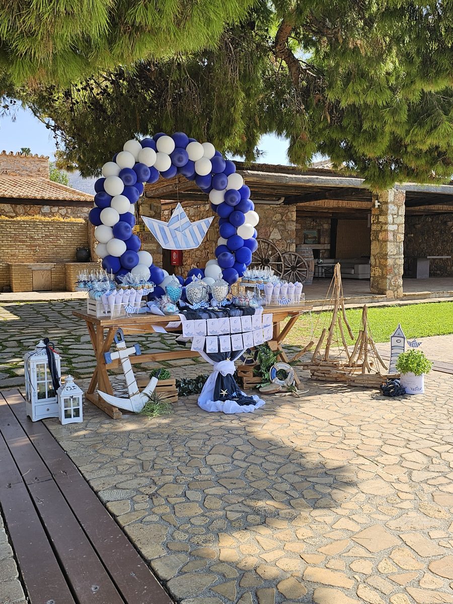 Παραμυθένιος στολισμός βάπτισης με ναυτικό θέμα στο Πύργο μελισσουργού , Διακόσμηση χώρου και εκκλησίας με υπέροχα μπαλόνια candy bar με ζαχαρωτά οικονομικά ολοκληρωμένα πακέτα alaloum.com.gr