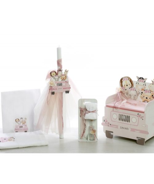 Σετ βάπτισης (κουτί,λαμπάδα,σταν λαδιού,λαδόπανο) με θέμα Ζωάκια της ζούγκλας