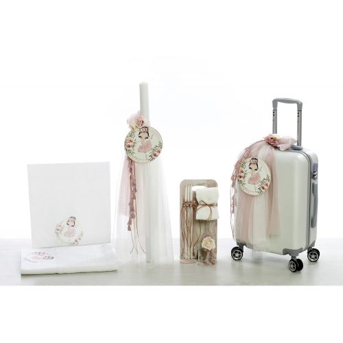 Σετ βάπτισης (Βαλίτσα,λαμπάδα,σταν λαδιού,λαδόπανο) με θέμα Μπαλαρίνα. Διάσταση βαλίτσας (Υ.57 Μ.40 Π.22)