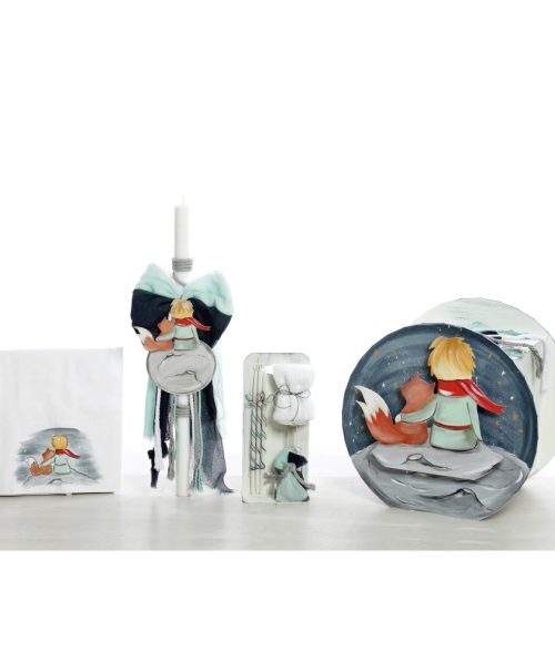 Σετ βάπτισης (Κουτί,λαμπάδα,σταν λαδιού,λαδόπανο) με θέμα Μικρός πρίγκιπας ζωγραφισμένο στο χέρι.