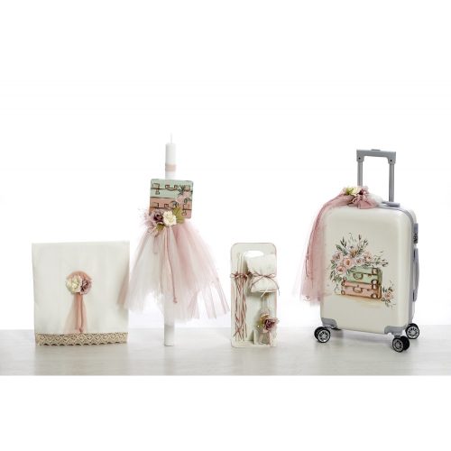 Σετ βάπτισης (Βαλίτσα,λαμπάδα,σταν λαδιού,λαδόπανο) με θέμα βαλίτσες με λουλούδια ζωγραφισμένο στο χέρι.