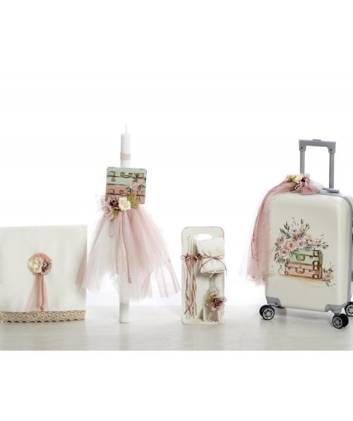 Σετ βάπτισης (Βαλίτσα,λαμπάδα,σταν λαδιού,λαδόπανο) με θέμα βαλίτσες με λουλούδια ζωγραφισμένο στο χέρι.