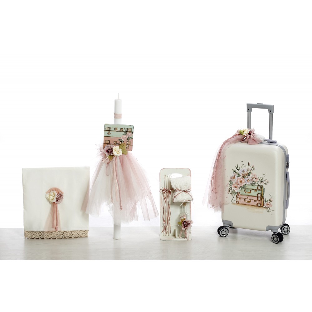 Σετ βάπτισης βαλίτσες με λουλούδια Σετ βάπτισης (Βαλίτσα,λαμπάδα,σταν λαδιού,λαδόπανο) με θέμα βαλίτσες με λουλούδια ζωγραφισμένο στο χέρι.