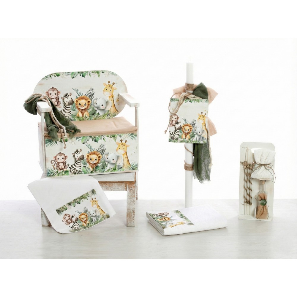 Σετ Βάπτισης Παγκάκι "Jungle Animals" Ολοκληρωμένο πακέτο βάπτισης για αγόρι με θέμα "Jungle Animals" (Ζώα της Ζούγκλας) που περιλαμβάνει ξύλινο παγκάκι-μπαούλο. Μια πρακτική και διακοσμητική πρόταση σε γήινες αποχρώσεις.