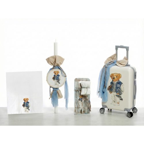 Ολοκληρωμένο πακέτο βάπτισης για αγόρι με θέμα το κλασικό αρκουδάκι "Polo Bear", σε πρακτική βαλίτσα. Μια modern vintage πρόταση που συνδυάζει την υψηλή αισθητική με τη χρηστικότητα.